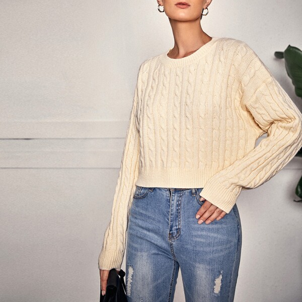 

Drop Shoulder Cable Knit Sweater, Beige