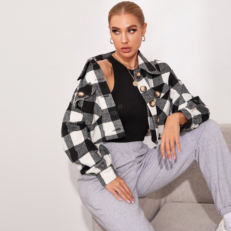 

Flap Pocket Drop Shoulder Buffalo Plaid Jacket, Black and white