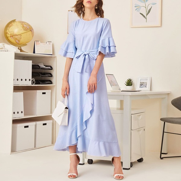 

Striped Print Ruffle Trim Wrap Hem Dress With Belt, Blue