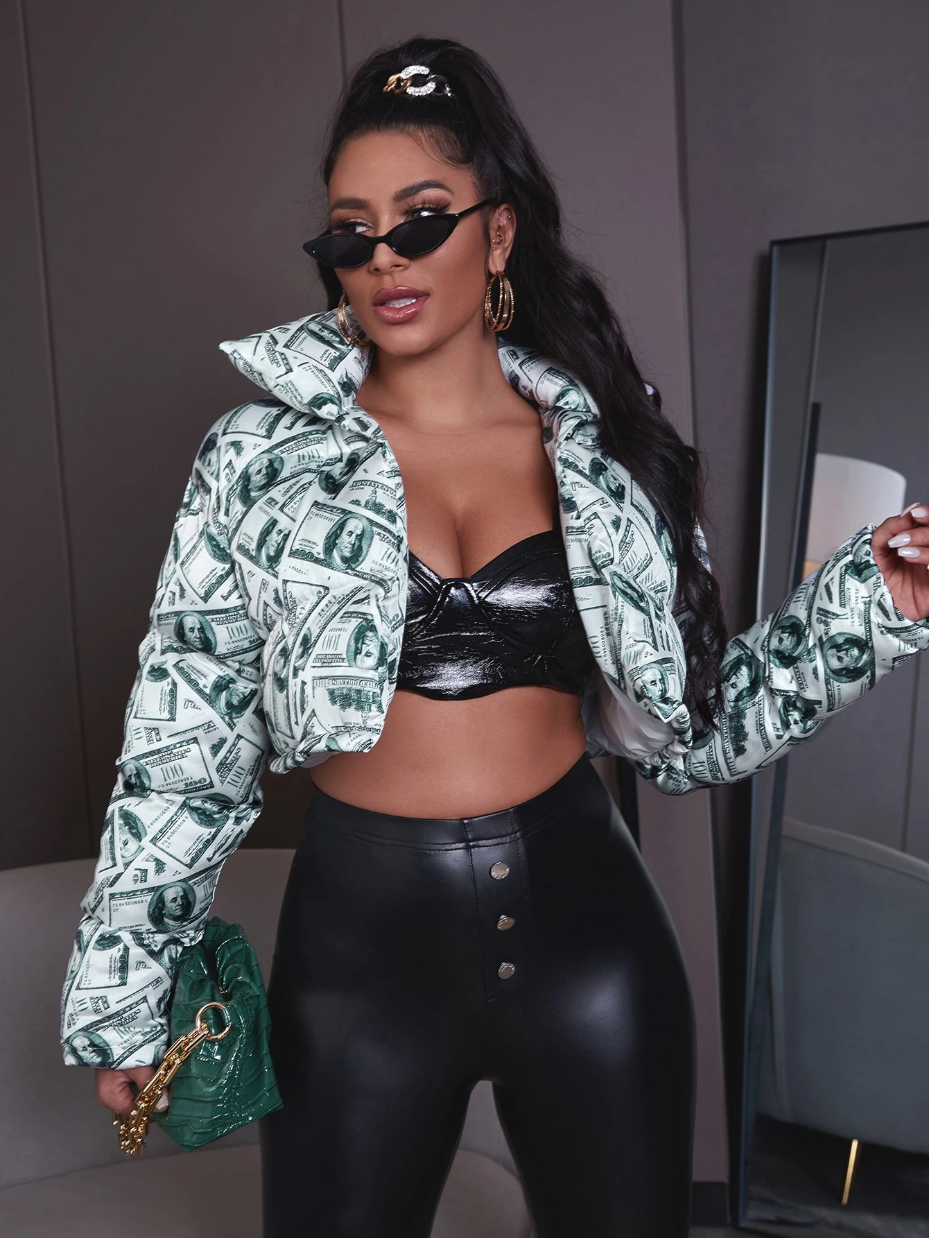 Dollar print open front crop puffer jacket Clearance