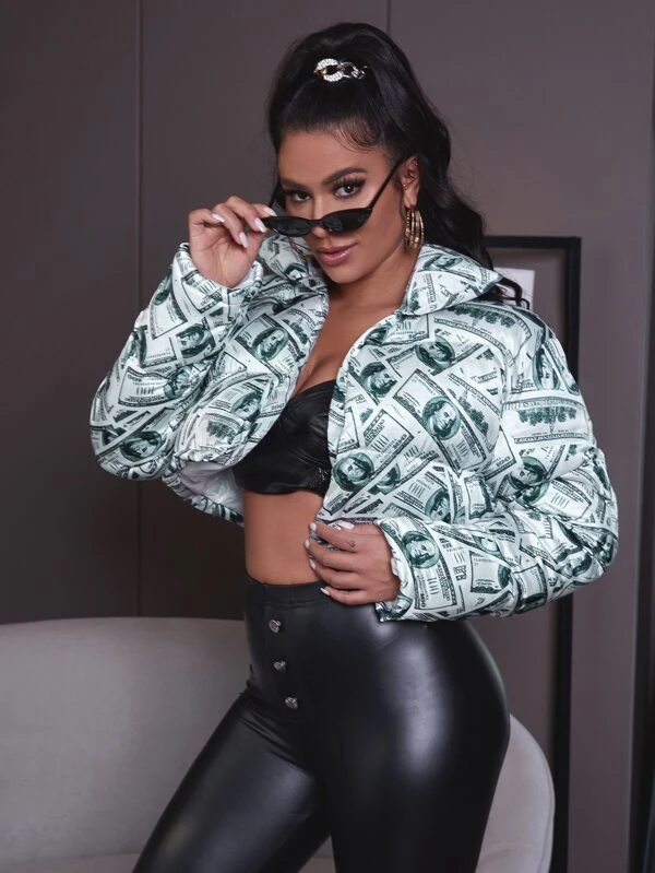 Dollar print open front crop puffer jacket Clearance