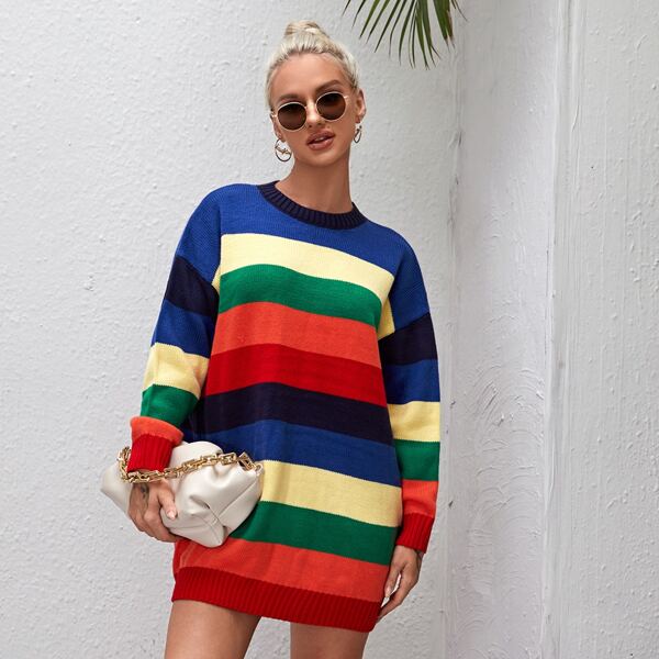 

Drop Shoulder Colorful Stripe Sweater Dress, Multicolor