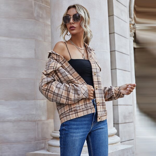

Plaid Drop Shoulder Button Up Jacket, Multicolor