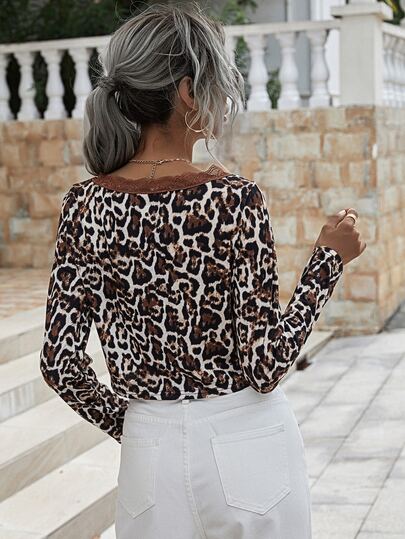Leopard Lace Insert Tie Front Top