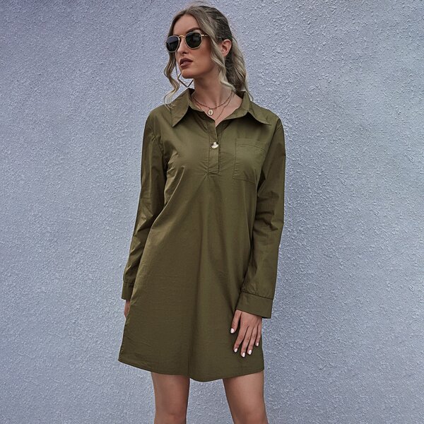

Button Front Pocket Shirt Dress, Army green