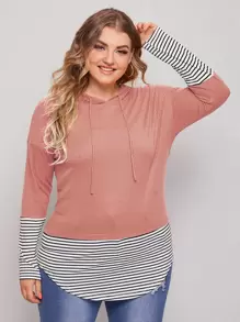 Plus Ribbed Striped Drawstring Hooded Pullover - Dusty Pink - View 1