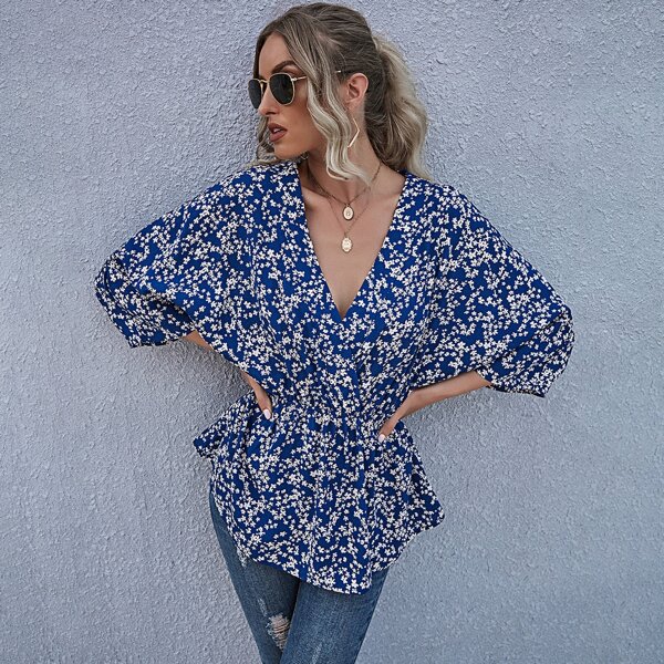

Ditsy Floral Surplice Neck Peplum Blouse, Blue and white