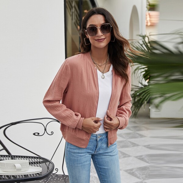 

Solid Zip-up Bomber Jacket, Dusty pink