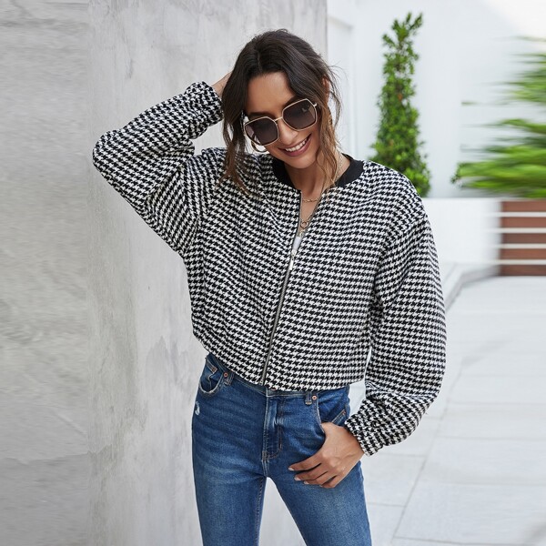 

Houndstooth Pattern Zip-up Tweed Bomber Jacket, Black and white