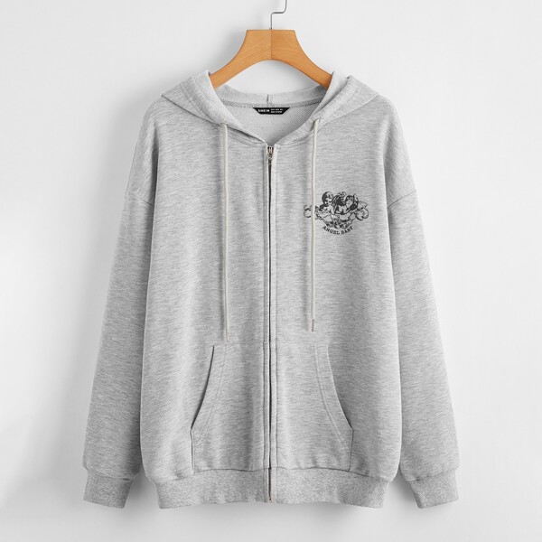 

Plus Zip Up Letter and Figure Graphic Pouch Pocket Hoodie, Light grey