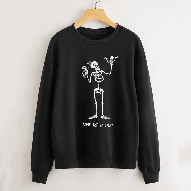 

Halloween Slogan Skull Graphic Sweatshirt, Black