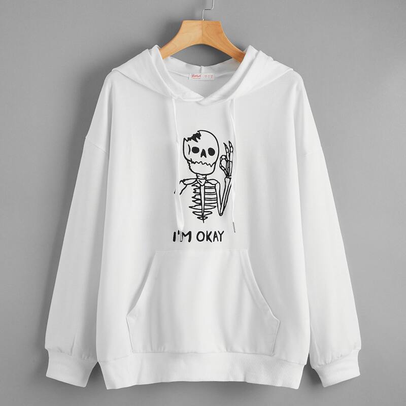 

Kangaroo Pocket Skeleton Graphic Hoodie, White