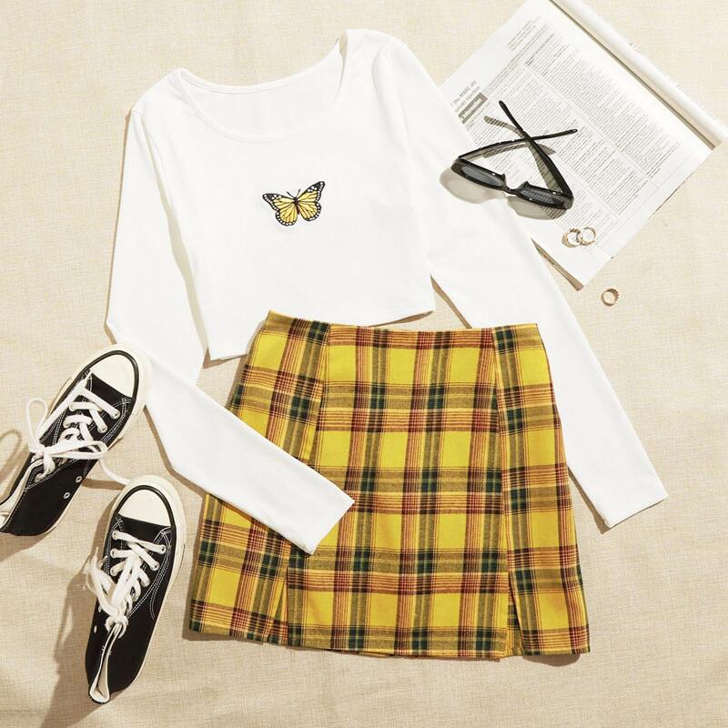 

Butterfly Tee & Plaid Slit Skirt, Multicolor