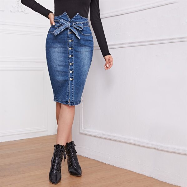 

Button Front Belted Denim Pencil Skirt, Medium wash