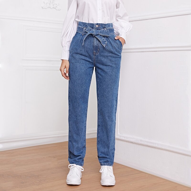 

High Waist Belted Jeans, Medium wash