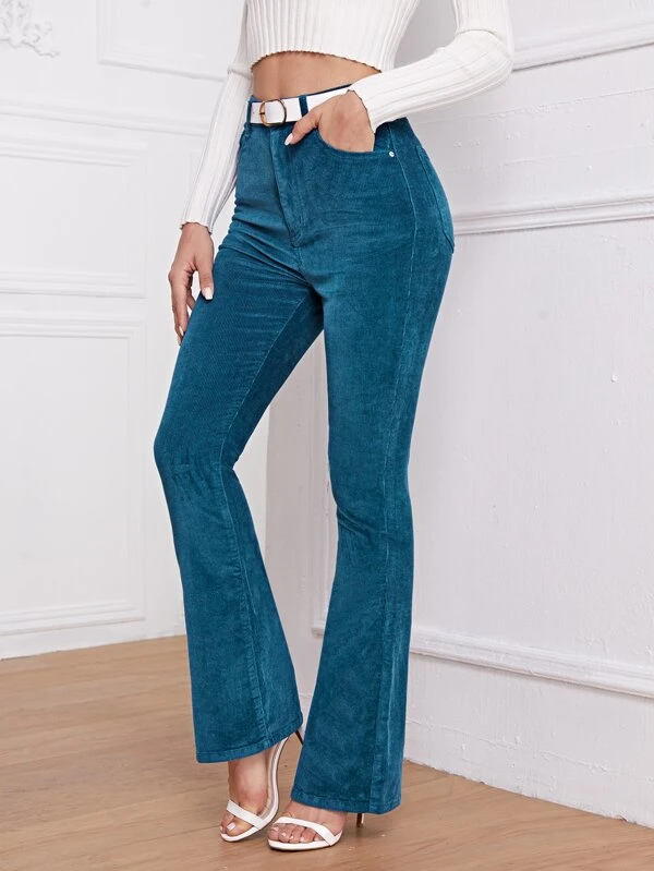 High waist cord flare leg pants without belt clearance