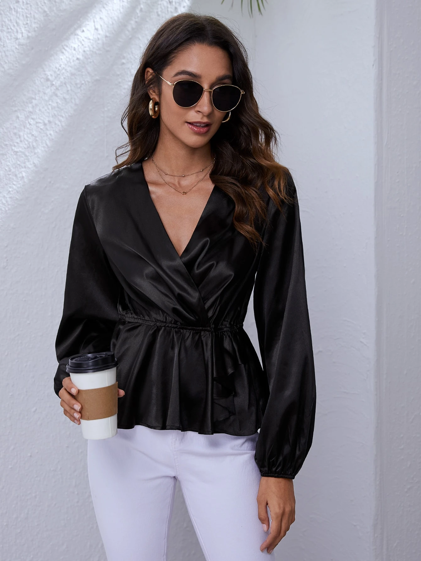 black satin peplum top