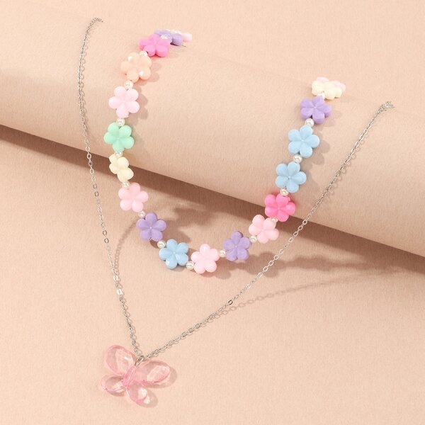 

2pcs Toddler Girls Flower & Butterfly Decor Necklace, Pink