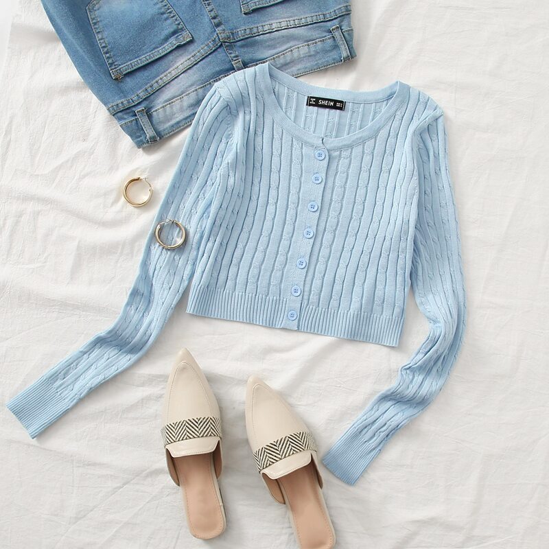 

Button Front Cable Knit Cardigan, Pastel baby blue