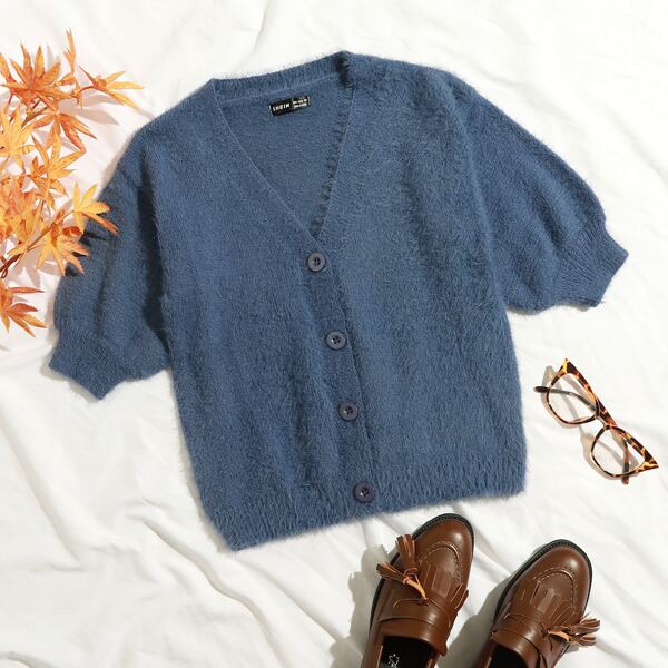 

Button Front Fuzzy Knit Cardigan, Navy blue