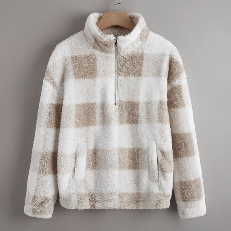 

Drop Shoulder Zip Half Placket Gingham Teddy Pullover, Multicolor