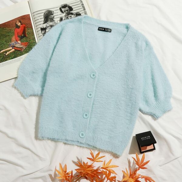 

Button Front Fuzzy Knit Cardigan, Pastel baby blue