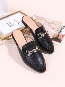 Pantoletten Maultiere Mit Krokodilprägung Und Horsebit Dekoration, Elegante Schwarze Flache Damenschuhe Mit Reinem Metallic Alligator Muster