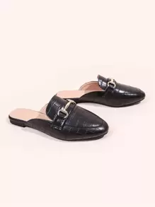 Pantoletten Maultiere Mit Krokodilprägung Und Horsebit Dekoration, Elegante Schwarze Flache Damenschuhe Mit Reinem Metallic Alligator Muster