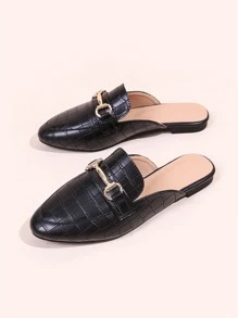 Pantoletten Maultiere Mit Krokodilprägung Und Horsebit Dekoration, Elegante Schwarze Flache Damenschuhe Mit Reinem Metallic Alligator Muster