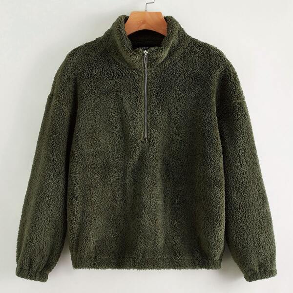 

Drop Shoulder Zip Half Placket Teddy Pullover, Army green