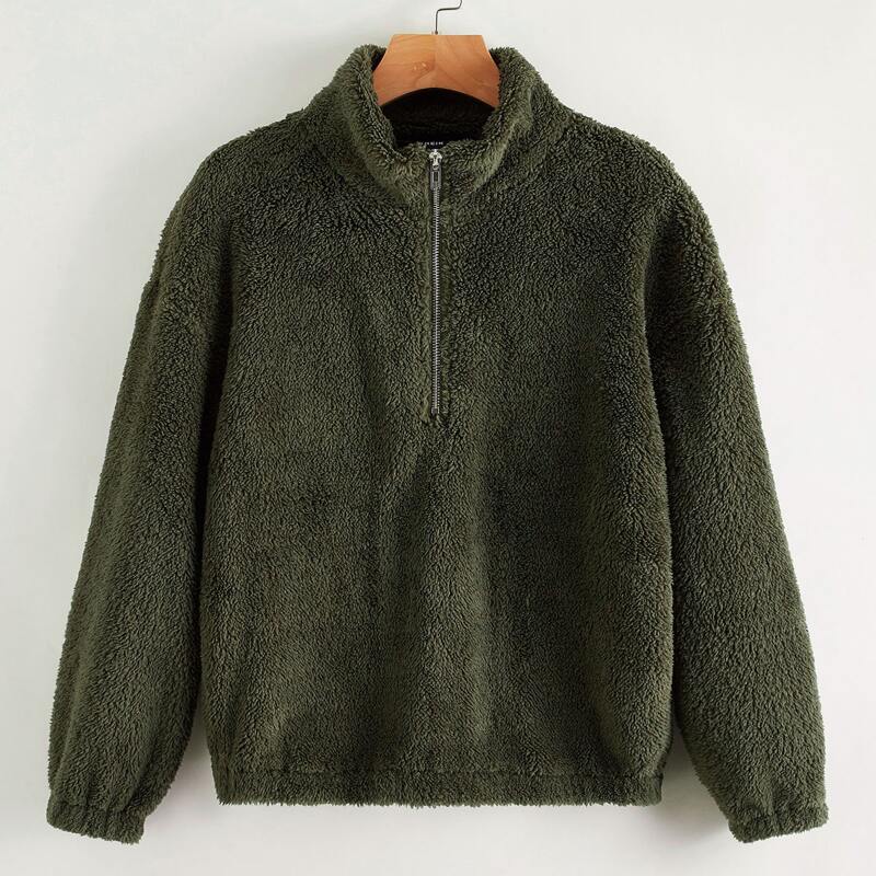 

Drop Shoulder Zip Half Placket Teddy Pullover, Army green
