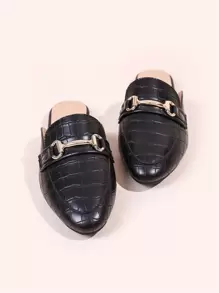 Pantoletten Maultiere Mit Krokodilprägung Und Horsebit Dekoration, Elegante Schwarze Flache Damenschuhe Mit Reinem Metallic Alligator Muster