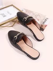 Pantoletten Maultiere Mit Krokodilprägung Und Horsebit Dekoration, Elegante Schwarze Flache Damenschuhe Mit Reinem Metallic Alligator Muster