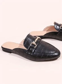Pantoletten Maultiere Mit Krokodilprägung Und Horsebit Dekoration, Elegante Schwarze Flache Damenschuhe Mit Reinem Metallic Alligator Muster
