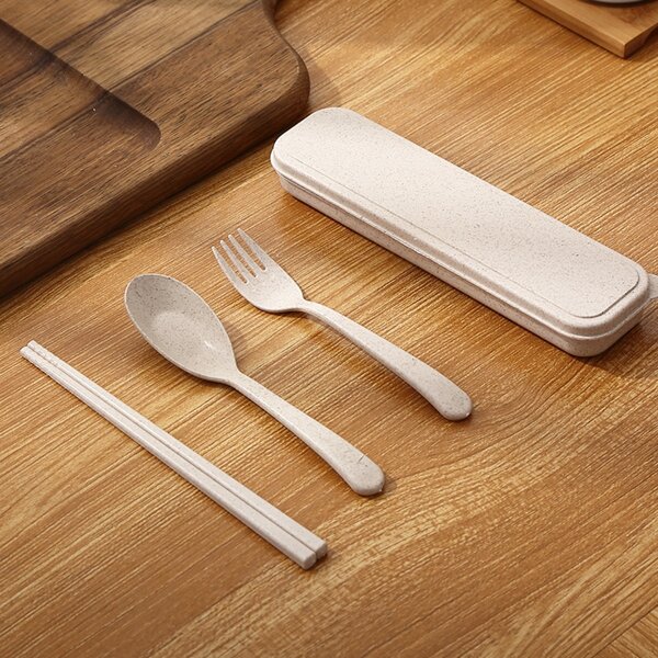 

3pcs Portable Cutlery Set & 1pc Storage Box, Beige