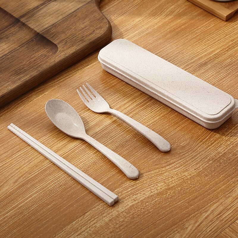 

3pcs Portable Cutlery Set & 1pc Storage Box, Beige