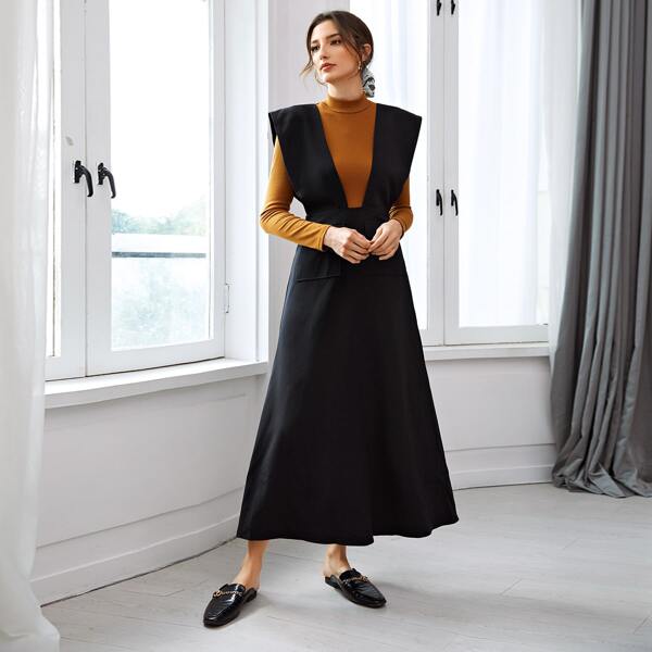 

Solid Cap Sleeve Overall Dress, Black