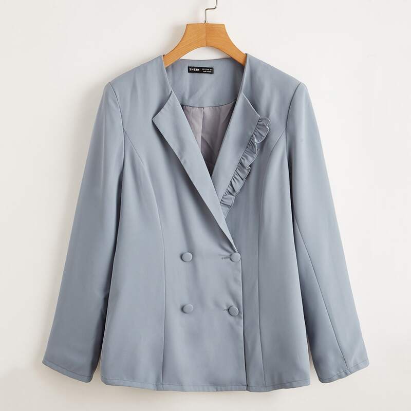 

Frill Trim Double Button Blazer, Dusty blue