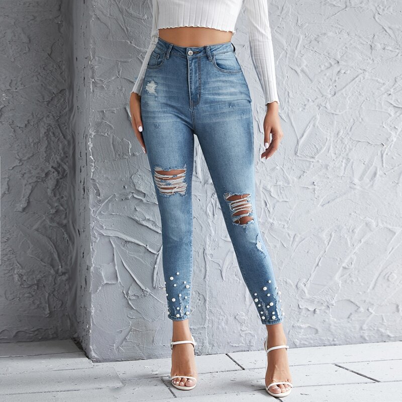 

Curvy High Waist Pearl Beaded Skinny Jeans, Light wash