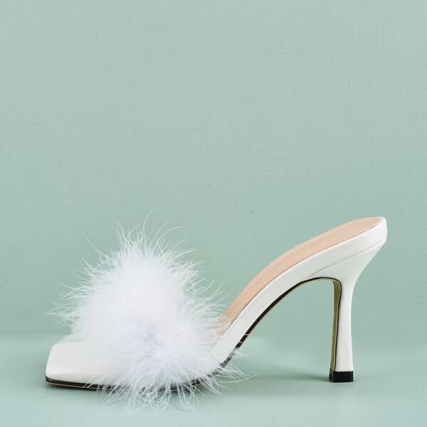 

Faux Fur Decor Stiletto Heeled Mules, White