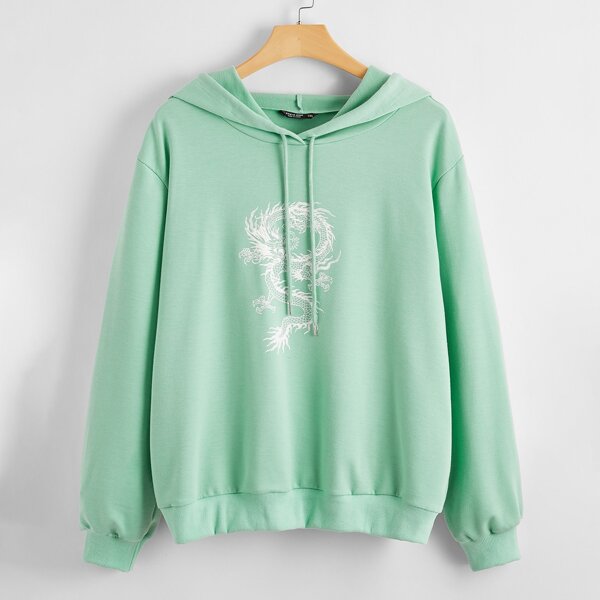 

Plus Dragon Graphic Drawstring Hoodie, Mint green