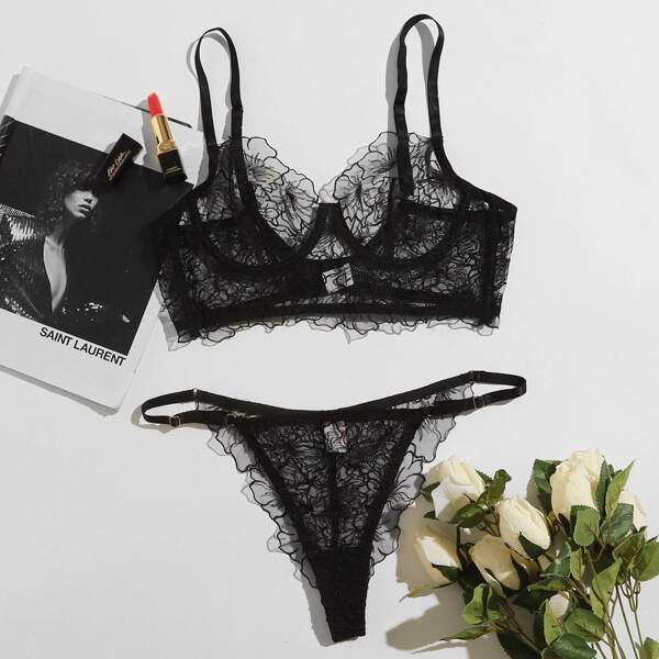 

Embroidered Mesh Underwire Lingerie Set, Black