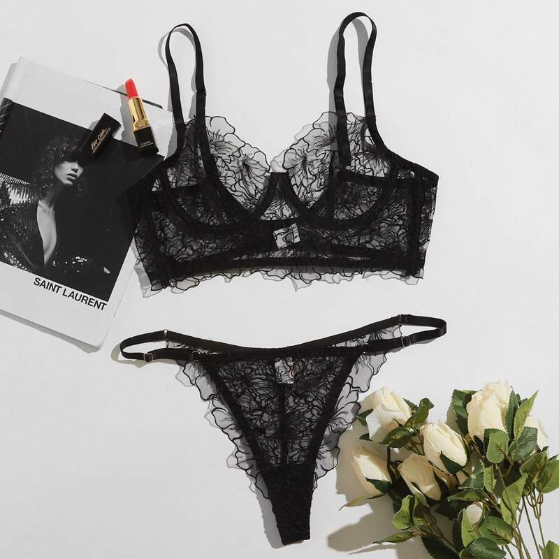 

Embroidered Mesh Underwire Lingerie Set, Black