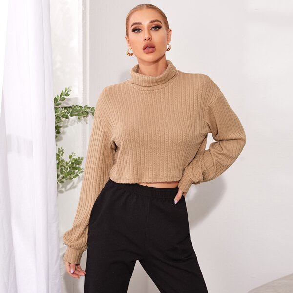 

Rolled Neck Drop Shoulder Tee, Apricot
