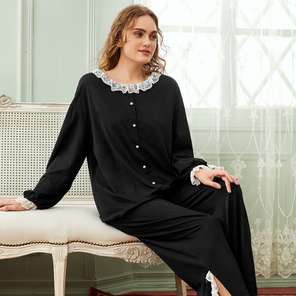 

Lace Trim Pearl Button Front Lantern Sleeve Top and Pants PJ Set, Black