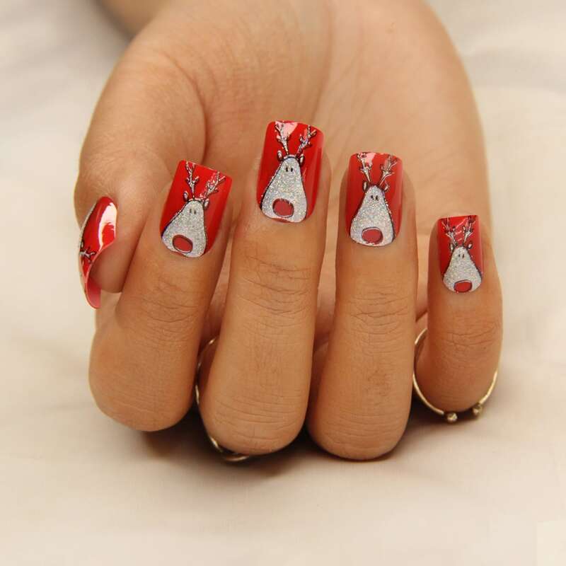 

24pcs Christmas Deer False Nail & 1sheet Tape & 1pc Nail File, Multicolor