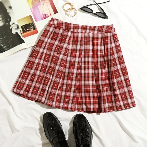 

Tartan Print Pleated Skirt, Red