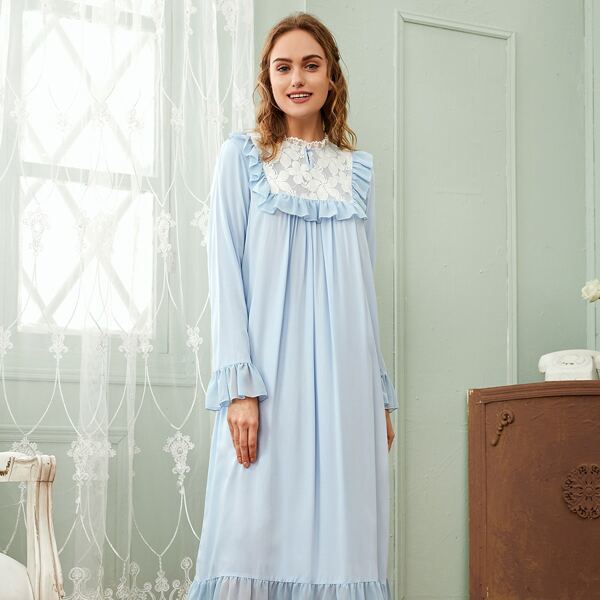 

Lace Yoke Ruffle Trim Nightdress, Pastel baby blue