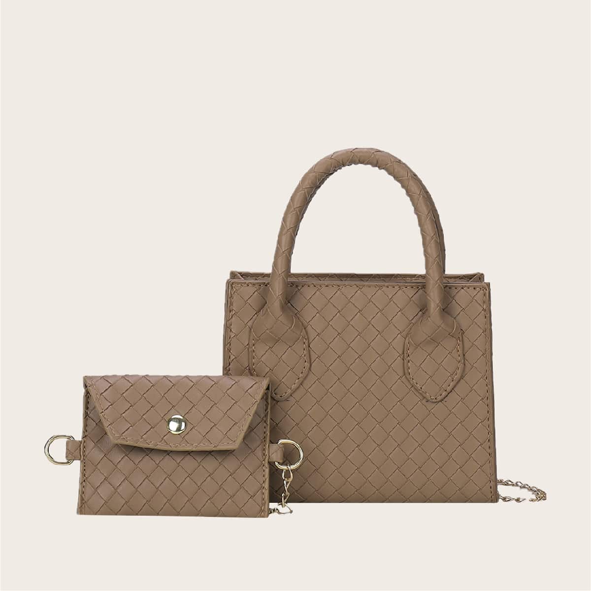 

2pcs Braided Chain Satchel Bag Set, Khaki