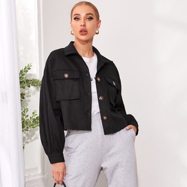 

Drop Shoulder Flap Pocket Front Jacket, Black